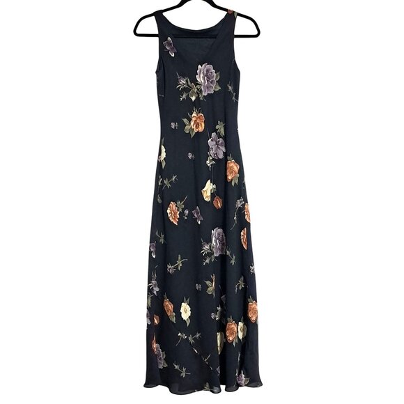 90s Alyn Paige Dress Black Floral Sleeveless Maxi Made In USA - Picture 2 of 11